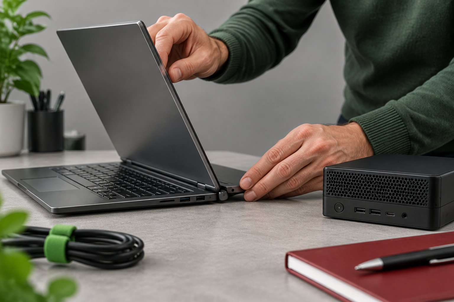 Refurbished Laptop En Mini Pc Naast Elkaar Op Een Opgeruimd Bureau, Klaar Voor Aankoop