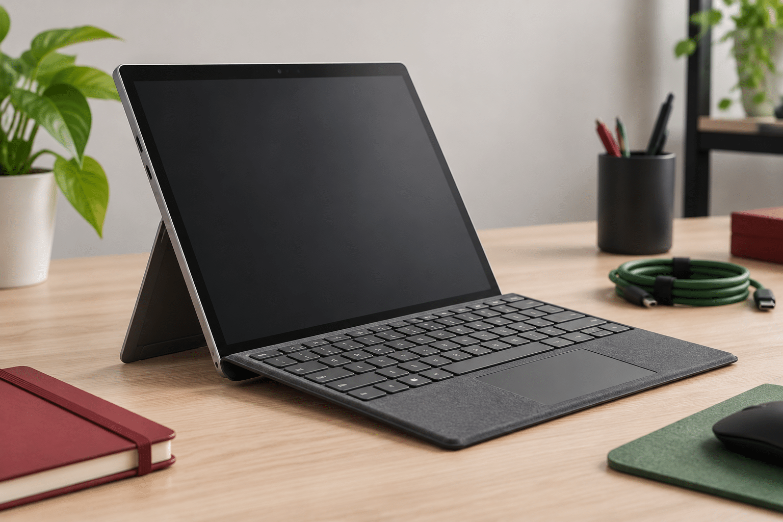 Refurbished 2-In-1 Tablet Met Kickstand En Los Toetsenbord Op Een Opgeruimd Bureau, Lijkend Op De Surface Pro 3.