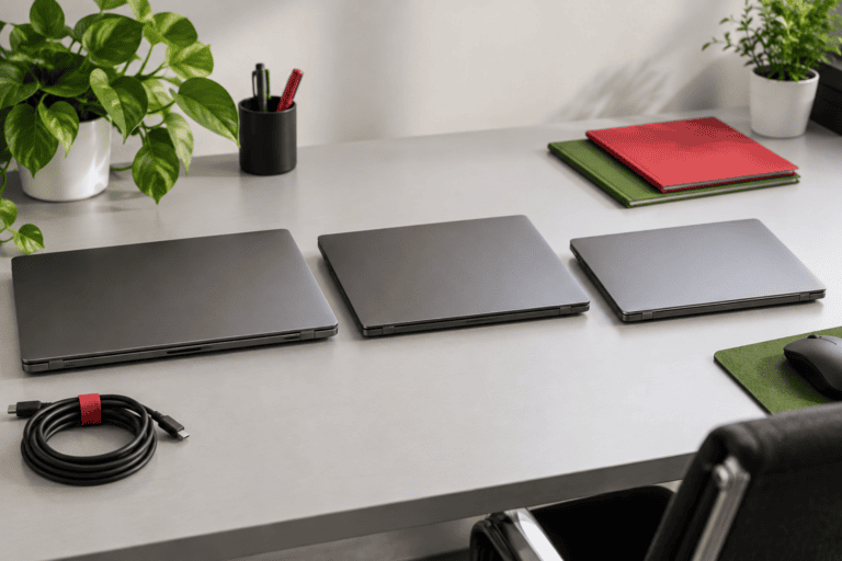 Drie Refurbished Zakelijke Laptops In Verschillende Formaten Naast Elkaar Op Een Opgeruimd Bureau
