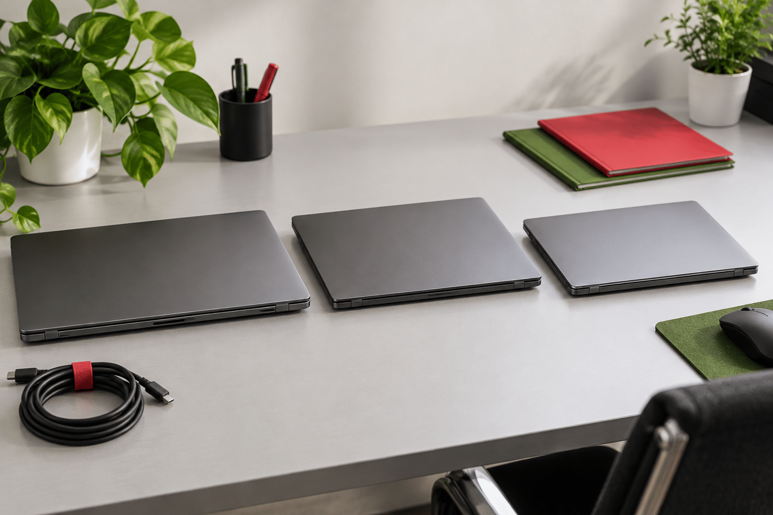 Home - It Gigant Drie Refurbished Zakelijke Laptops In Verschillende Formaten Naast Elkaar Op Een Opgeruimd Bureau