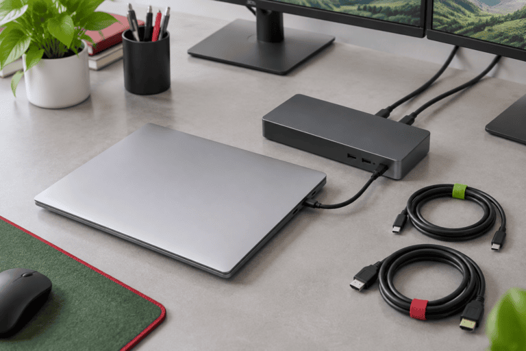 Een Docking Station Met Aangesloten Kabels Op Een Opgeruimd Zakelijk Bureau