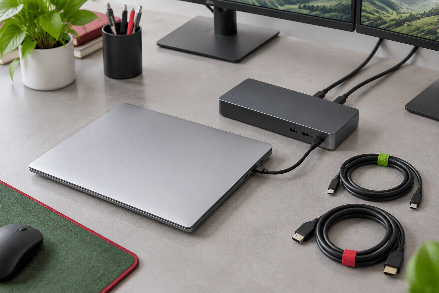 Home - It Gigant Een Docking Station Met Aangesloten Kabels Op Een Opgeruimd Zakelijk Bureau