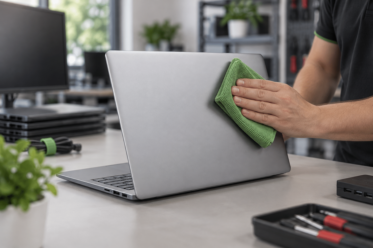Home - It Gigant Schone, Merkloze Zakelijke Laptop Die Wordt Gecontroleerd Op Een Opgeruimd Bureau, Symbool Voor Het Zoeken Naar Een Refurbished Dell Xps