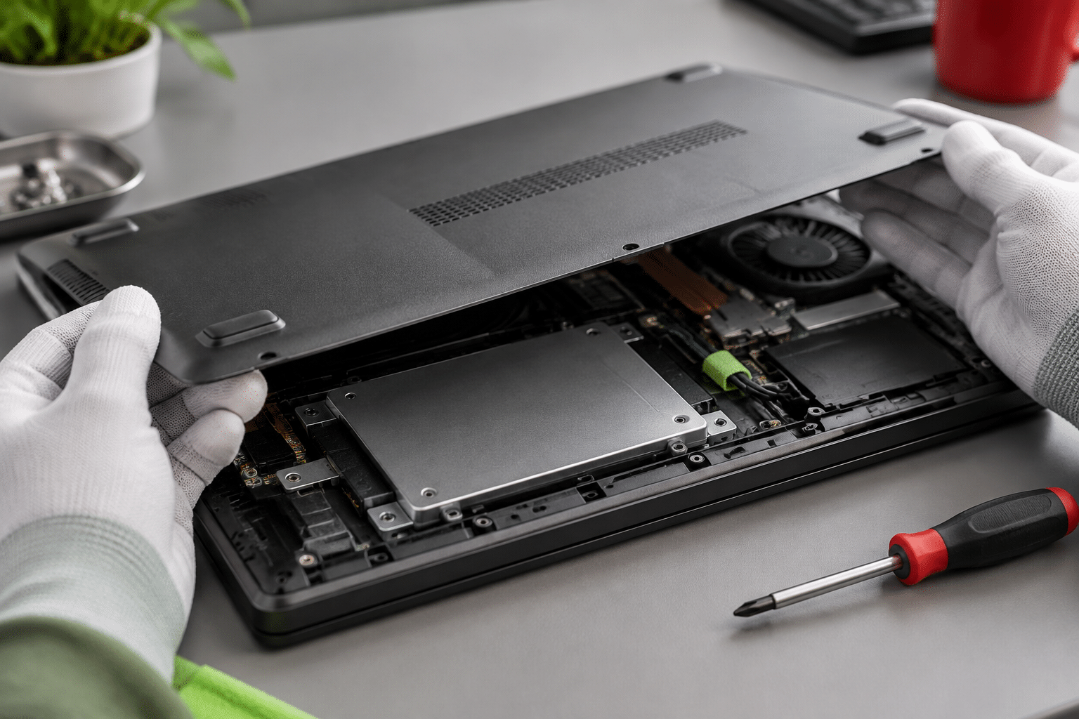 Home - It Gigant Geopende Laptop Met Zichtbare Harde Schijf In Het Interne Compartiment