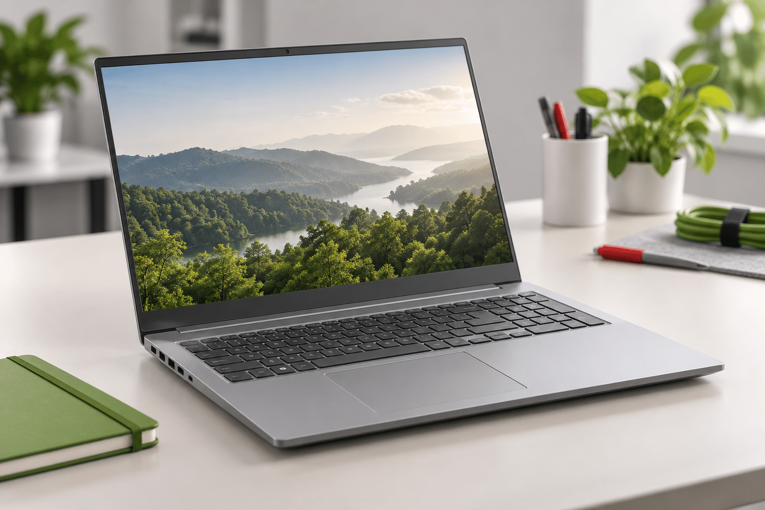 Home - It Gigant Grote 17 Inch Refurbished Laptop Op Een Opgeruimd Bureau In Een Neutrale Studio-Omgeving